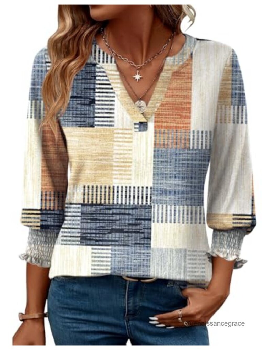 Women's 3/4 Sleeve V-Neck Floral Blouse Ruffle Cuff Business Casual Top